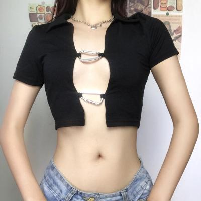 China New Breathable Crop Tops Short Decorative Buckle Lapel Hook Lapel Short Hollow Out Blouse Shirts Slim Fit Sleeve Shirts for sale