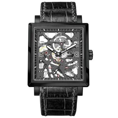 China Fashion Brand Black Luminous Skeleton Mechanical Analog Display Men's Luxury Power Reserve Mens Wristwatches Clock 3501J1 for sale