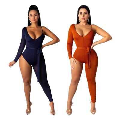 China Solid Color Sustainable Cheap Shipping Women One Shoulder Jumpsuit Slim Hollow Overalls for sale