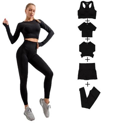 China Breathable Hot Selling Bra Yoga Women Yoga Pants Wear 5 Pieces Yoga Leggings Sets for sale