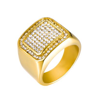 China Europe and America titanium steel high quality savory gold plated square full dimond stone men's rings hip hop ring for sale