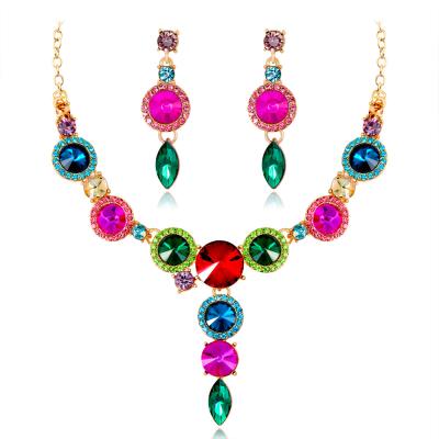 China Luxury Designer Jewelry Set Women Accessories Diamond Multicolor Gemstone Necklace Set Europe and America Fashionable Alloy for sale