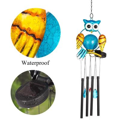 China Garden Color Painted Metal Owl Solar Powered Wind Chime With Outdoor Ball Light for sale