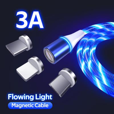 China Wholesale 1m 2m MP3/MP4 Player 360 Degree 3 in 1 Led Light Flowing Luminous USB Data Transfer 3A Fast Charging Magnetic Cable For Iphone for sale