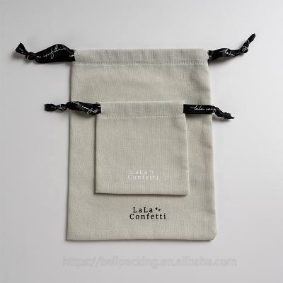 China Recyclable Custom Logo Printed Gray Cotton Linen Gift Pouch for sale