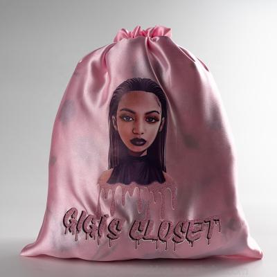 China Promotion Custom Logo Printed Silk Satin Drawstring Soft Bag Hair Extension Gift Packaging Bag for sale