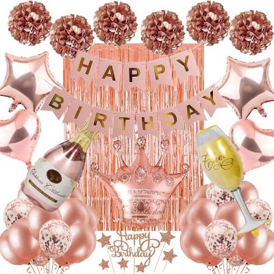 China Rose Gold Happy Birthday Banner Fabric Flower Confetti Balloons Birthday Party Supplies Festival Decoration Foil Curtain for sale