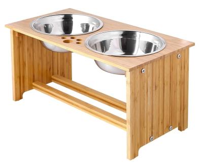 China Sustainable Small Pet Bowl Cat Food Water Bowl Bamboo Adjustable High Vertical Pet Feeder for sale