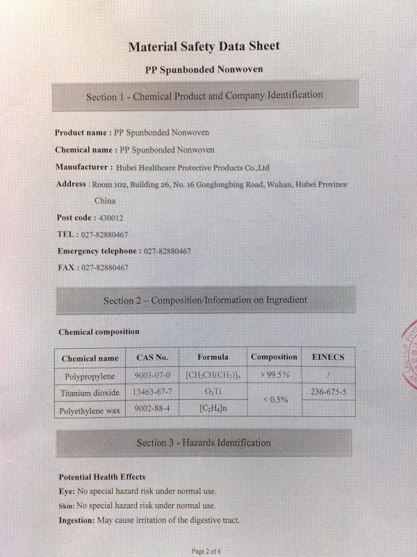 MSDS Report - XIAN NING HUAXIN GP HEALTHCARE SAFETY PROTECTIVE PRODUCTS CO.,LTD