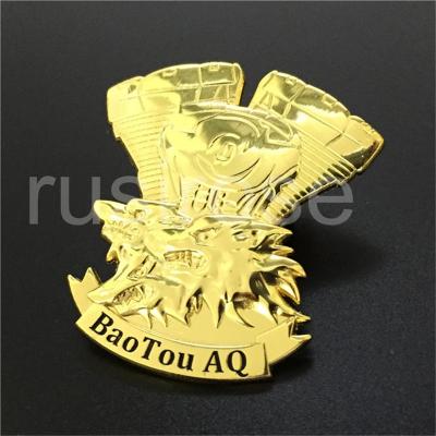 China Personalized 3D stereo wolf metal badges made to order, golden wolf head badges made to order for sale