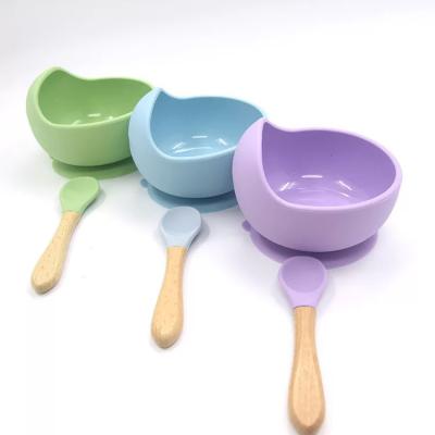 China Stocked BPA Free Baby / Kids Food Grade Silicone Suction Training Bowl With Bamboo Spoon Baby Food Dish / Bowl for sale