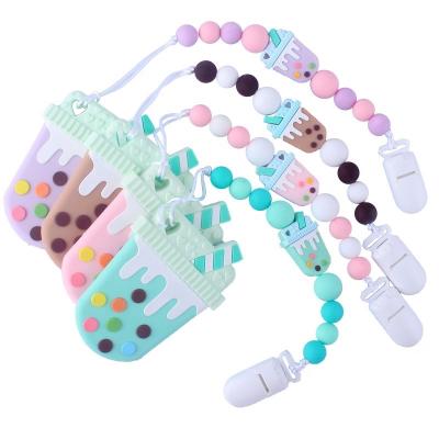 China BPA Free Ice Cream Style Baby Silicone Teether Kids Beads Pacifier Clip With Ice Cream Teether for sale