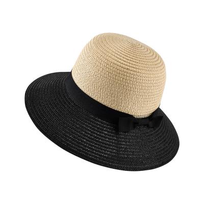 China Character Women's Bow Straw Hat Summer Fedora Beach Sun Hat for sale