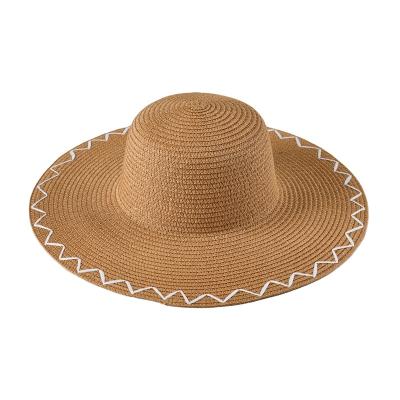 China Custom Character Fashion Paper Rope Embroidered Soft Wide Brim Hat Beach Sun Hat for sale