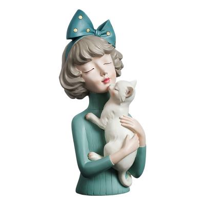 China Nordic Home Decoration Crafts Girl Statue Sculpture Gifts Opens Girl Hug Pet Cats Resin Decorations Interior Accessories For Home Decoration for sale