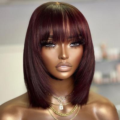 China Bob Wigs With Bangs Human Hair Wigs 99J Lace Front Closure Wigs With Bangs Brazilian Virgin Hair Glueless Short Bob Wigs for sale