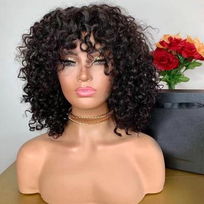 China Short Curly Bob Curly Wigs With Bangs Lace Up Front Closure Human Hair Wigs Brazilian Glueless Bob Wigs Virgin Hair for sale