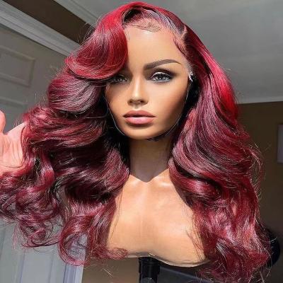 China Loose Wave Burgundy Colored Wigs Loose Wave Cuticle Frontal 100% Virgin Human Hair Lace Front Wigs Raw Lace Wigs For Woman for sale