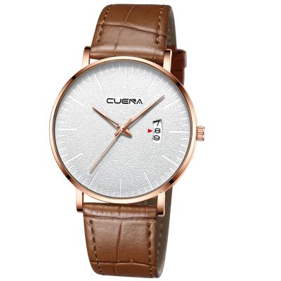 China Bulk brand automatic hot sale Cuena date waterproof factory minimal design man quartz watches cheap price leather strap for sale