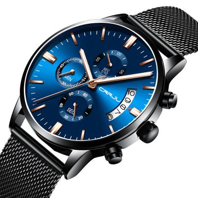 China Official wholesale quartz movement official wholesale store crrju date mesh bands blue wrist men's watch for sale