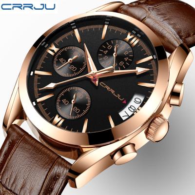 China New Date CRRJU Automatic Sport Chronograph Brand Leather Brown Waterproof Quartz Leather Watches for sale