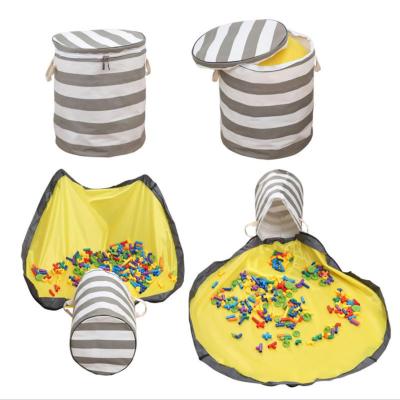 China Canvas Stripe Sustainable Toy Basket Storage Portable Foldable Toy Storage Bag Toys Storage Box for sale