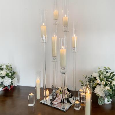 China Luxury Home Decoration Wedding Gold Candlestick 6 Pillar Crystal Candlestick With Glass Tube HOMESWEET for sale