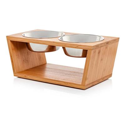 China Non-automatic Cat and Dog Feeder Holder Pet Food Bamboo Wooden Stainless Pet Feeding Bowls for sale