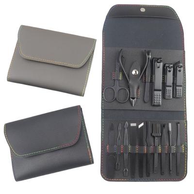 China Professional Nail Tools Black Stainless Steel Nail Clipper Cutter Trimmer Ear Pick Grooming Kits Leather Manicure Set Pedicure 16pcs Toe Nail Tool Kit for sale