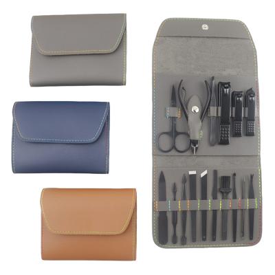 China 16pcs Finger Nail+foot Nail Clipper Cutter Ear Trimmer Stainless Steel PU Leather Pouch Iridescent Black Edge Pedicure Set Tools Manicure Pick Set for sale