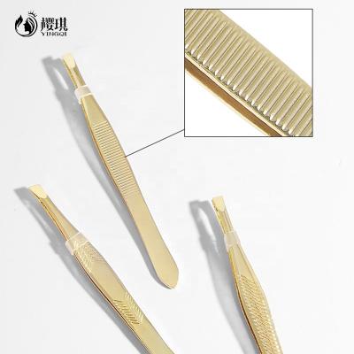 China Beauty Care Makeup Tools Tweezers for Eyebrows and Hair Removal Tilt to Tilt Professional Stainless Steel and Gold Half Chrome Plating for sale