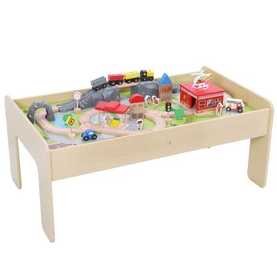 China Slot toy onshine 57 Pieces Table Wooden Track Set Kids Train Tracks with Table Classic Wooden Toys Train Railroad Set Toys for sale