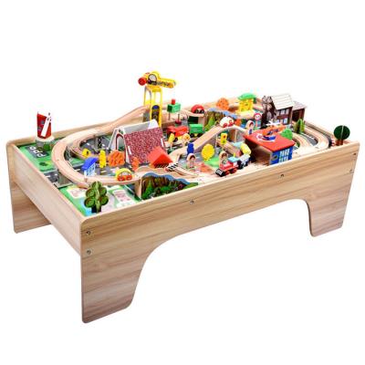 China Slot Toy New 118 pieces of luxury wooden train track set imported beech wood game table DIY assembled educational toys for sale