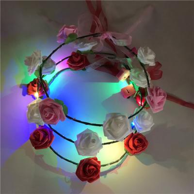 China Environmentally Friendly Luminescence Hair Accessories Large Instant Light Hawaii Luminous Headband Led Crown Year Party Rose Flower Garland Headbands for sale