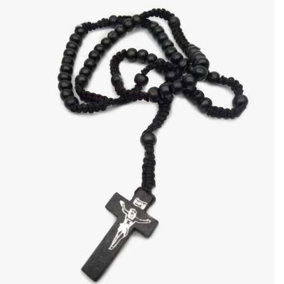 China Environmental Friendly Seed Beads Small Wooden Cross Necklaces Rosary Necklace Stainless Steel With Necklace for sale