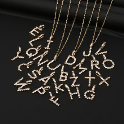 China Hip Hop Gold Hip Hop Copper Zircon 26 English Cross Chain Pendants Shape Jewelry Diamond Letter Necklace for sale