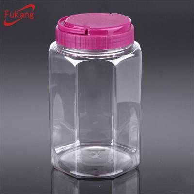 China 1300ml Food Wide-Mouth Plastic , Hexagonal Plastic Candy Container Nuts Food PET Clear Jar Tall Plastic Chocolate Candy Bottle for sale