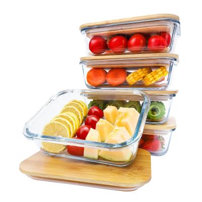 China Kitchen Borosilicate Food Storage Container Environmental Friendly Microwavable Bento Lunch Box Glass Bamboo Lid for sale