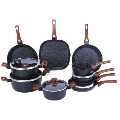 China Viable forged high quality cookware set of 15 pieces non aluminum stick black marble coating for sale