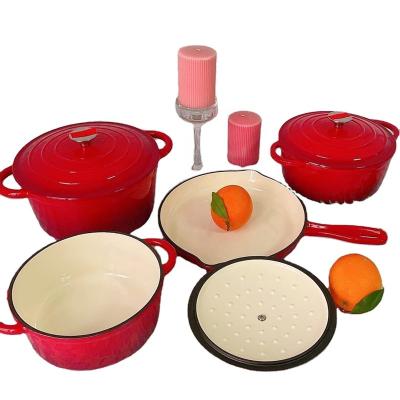 China Viable hot sale repeated 8 pieces red enamel cast iron stick cookware no in factory price for sale