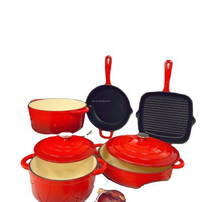 China 10 Piece High Quality Non Stocked Stick Cast Iron Red Enameled Cookware Set for sale