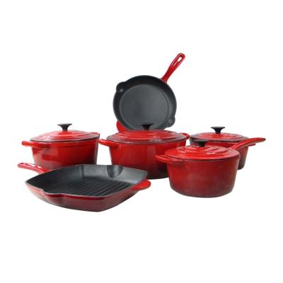 China Sustainable wholesale red enamel cast iron cookware set of 10 pieces for sale