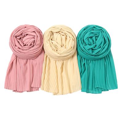 China 2022 New New Fashion Color Chiffon Pearl Muslim Wide Stripe Pleated Scarf Women Chiffon Pleat Hijab Shawl 2022 for sale