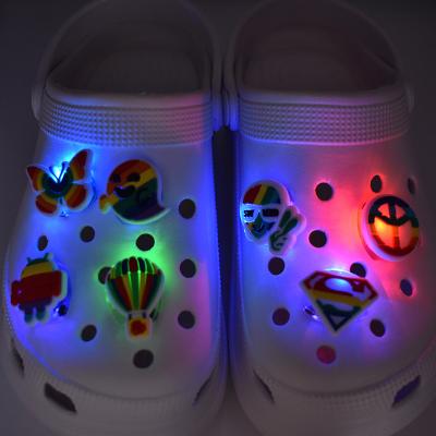 China Factory Wholesale LED Shoe Charm Direct Rainbow Light Up Bling Led PVC Glow Up Croc Charms Shoe Decorations For Kids Clogs Shoe for sale