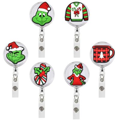 China New Design Christmas Office School Grinch Santa Claus Snowman Tree Clear Badge Holder Accessories ID Card Name Retractable Nurse Badge Reel for sale