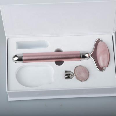 China Natural Massage Jade Roller Facial Crystal Scraping Gua Sha Rose Quartz Face Roller Set for sale