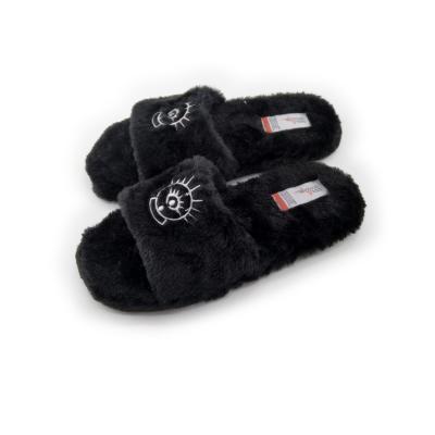 China Furry Open Toe Slides Women Man Warm Winter Black Faux Fur Slippers Cross Soft Plush Unisex Home Light Shoes for sale