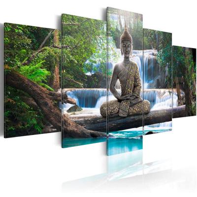 China Waterproof+ECO-Friendly 5 Panels Modern Wall Art Canvas Painting Giclee Artwork Landscape Buddha Trees Waterfall For Living Room Home Office Decoration for sale