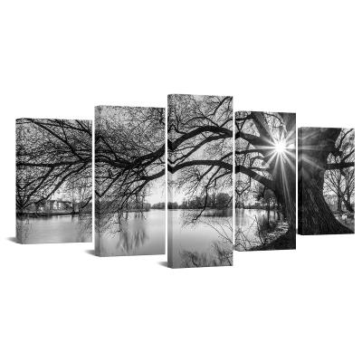 China Wholesale Waterproof+ECO-Friendly Drop Shipping 5 Panel Old Tree By The Lake Canvas Painting For Home Living Room Wall Decor Landscape Decoration Wall Art for sale