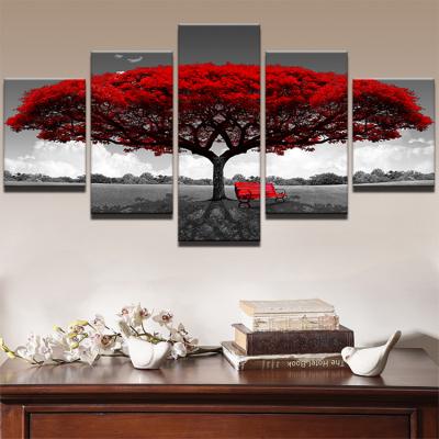 China Modern Home Decor Tree Bench 5 Panels Canvas Wall Art Prints Framed Natural Scenery Red Landscape Painting Poster Ready To Hang for sale